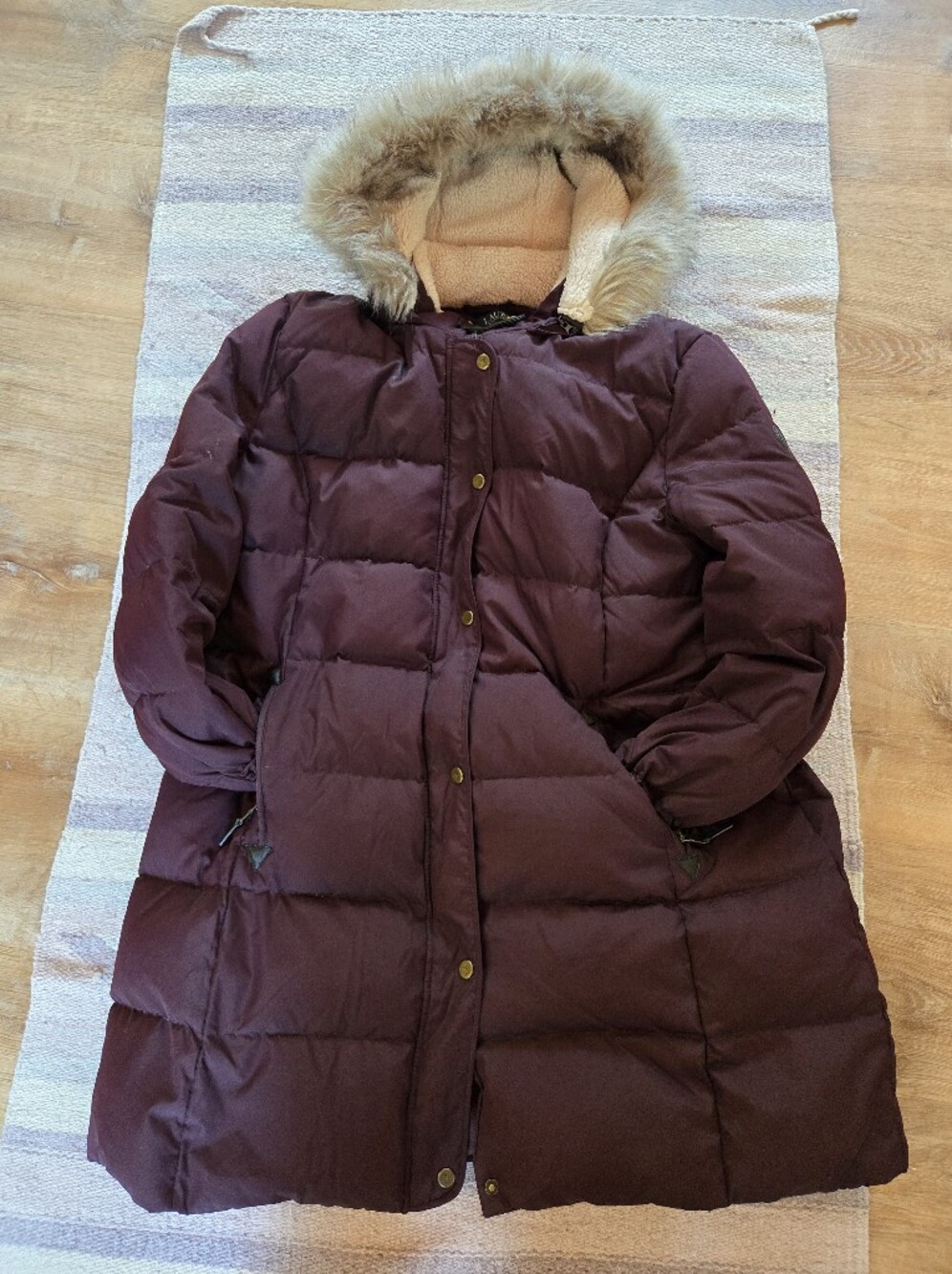 Ralph Lauren Women's Quilted Puffer Coat with Faux Fur Trim on hood- Plum